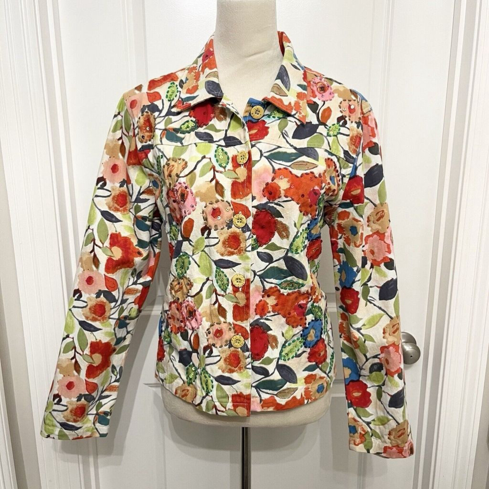 Life Style Woman Colorful Embroidered Sequin Jacket Floral Watercolor Bright- M